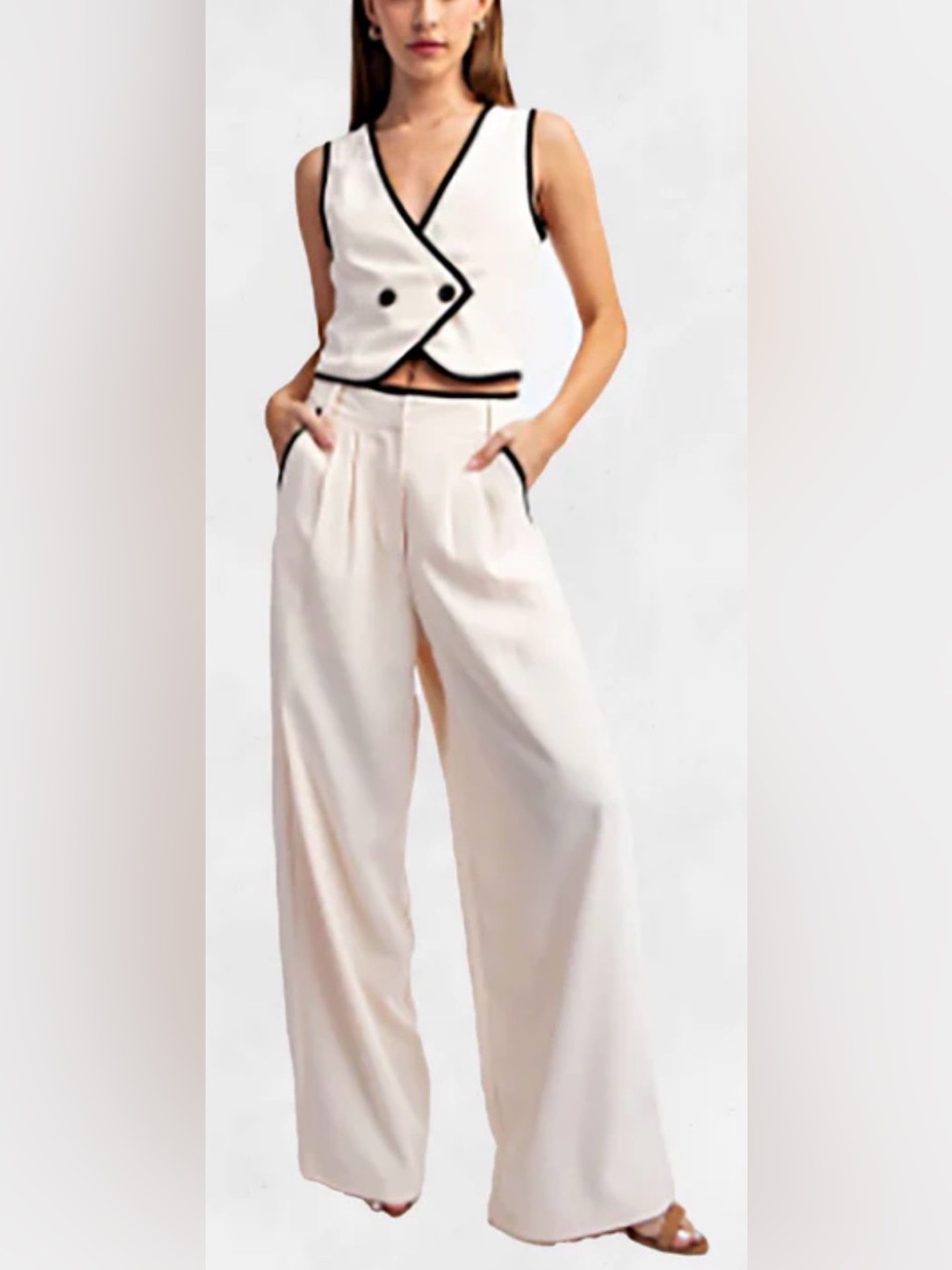 High-Waist Wide-Leg Trousers in Cream with Black Trim and Vest set